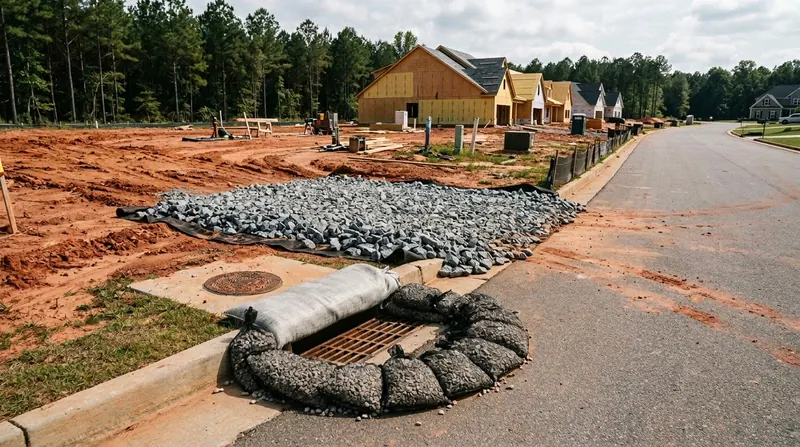 Gravel construction exit and protected curb inlet at a subdivision lot