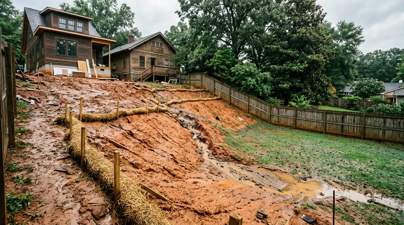 Bare red clay backyard slope behind an older craftsman home addition, with staked straw wattles and a muddy washout channel running toward a neighbor's fence