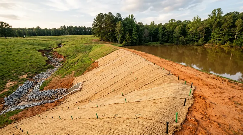 Erosion control blanket on a regraded pond dam face beside a riprap-lined gully