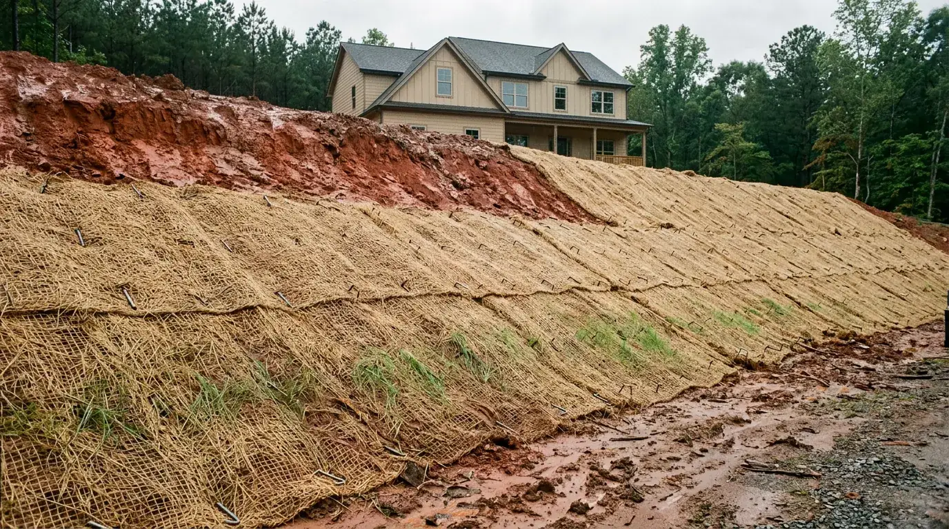 Straw erosion control blanket stapled over a red clay slope below a new home, with grass starting to come through